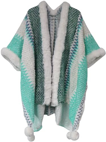 Miaikvs Damen Poncho mit bunten Streifen Vintage-Ethno-Stil Pelzkragen Schal Mantel Strick Wickeltuch offene Vorderseite Cardigans für Frauen(Weiß/Grün, One size)