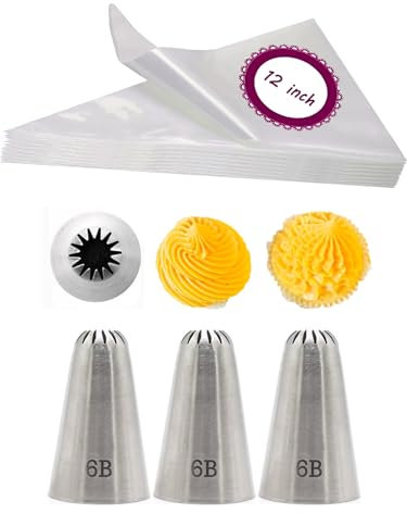 6B Piping Nozzle with Bags, Large French Star Tip and 12-Inch Disposable Piping Bags for Cakes, Cupcakes, Cookies & Pastry Decorating