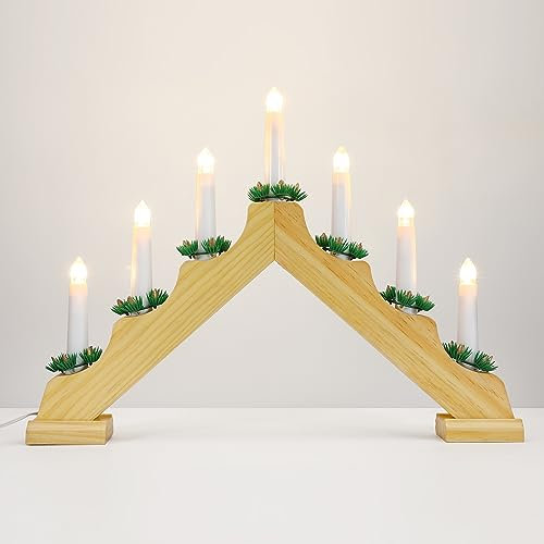 Lewondr Kerzenleuchter Weihnachten, Dekorativ LED Bogen Weihnachten Holz Weihnachtslichter Fensterbank mit 7 Kerzenlichtern Flammenlos Kerzenbrücke Schwibbogen für Advent Innen, USB-betrieben - Holz