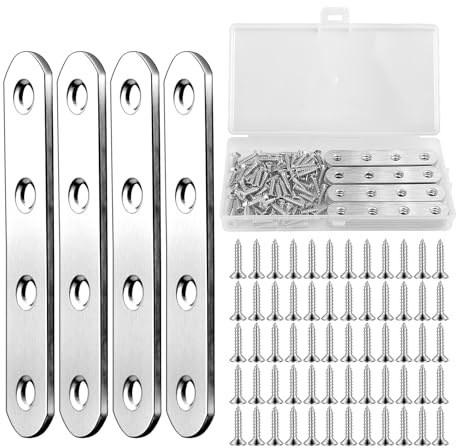 Flat Brackets for Wood Kit 20Pcs 78× 16 × 1.75mm Flat Joining Plates with 80 Screws Stainless Steel Mending Plates Metal Brackets for Wood for Repairing Fixing Joining Furniture