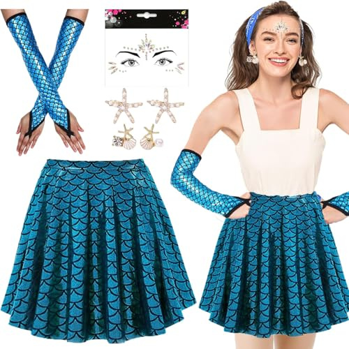 YeahBoom Damen Meerjungfrau Kostüm, Fischschuppen Rock, Seestern Haarschmuck, Handschuhe Meerjungfrau, Muschel Ohrringe, Glitzersteine Gesicht, für Fasching Karneval Rollenspiel Mottoparty