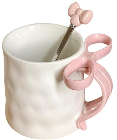 Taza de cerámica con asa de color rosa, taza de café con asa de lazo única, taza de cerámica con cuchara, bonita taza de café con cinta, perfecta para regalo del día de San Valentín, cumpleaños