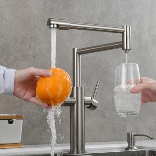 Küchenarmatur schwenkbar, zusammenklappbare verlängerte Armatur direkte Trinkwasseraufbereitung Wasser zwei Ausläufe, Haushalt Spüle Waschbecken Wasserhahn universal (Gebürstet, Großes Modell)