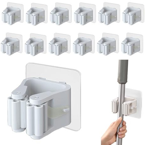 Puedno 12pcs Self Adhesive Broom Holder, Mop Holder Wall Mounted, Broom Mop Holder No Drill, Wall Mounted Brush Holder Tool Clip for Kitchen Bathroom