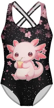 Showudesigns Baddräkt för flickor Criss Cross Baddräkter One Piece Badkläder, Körsbärsblomma Axolotl, 11-12 År