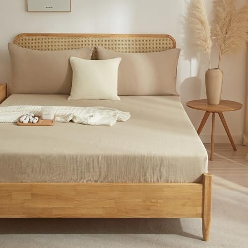 Luofanfei Musselin Spannbettlaken 180x200cm Baumwolle Sommer Khaki Taupe | Boxspringbett Frottee Topper ÖKO-TEX Bettlaken,Uni weiche und atmungsaktiv Spannbetttücher,für Hohe Matratze bis 25-30 cm