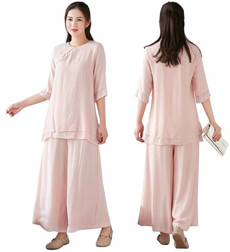 DAYKET Tuta da Donna per Arti Marziali, Uniforme da Tai Chi in Cotone e Lino, Manica Media, Tuta da Kung Fu per Esercizi Mattutini, Meditazione Zen,Pink-L