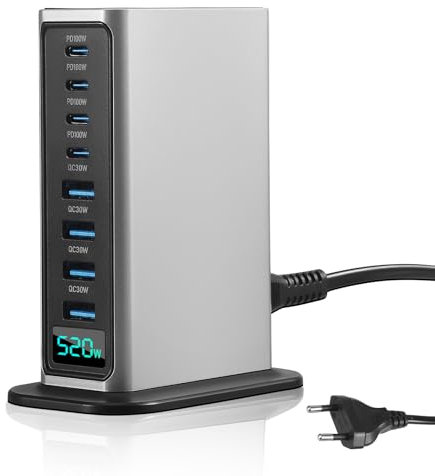 Caricatore Multiplo 520W con 4 USB-C e 4 USB-A, Stazione di Ricarica Rapida Compatibile per iPhone, iPad, Samsung, Pixel, Laptop