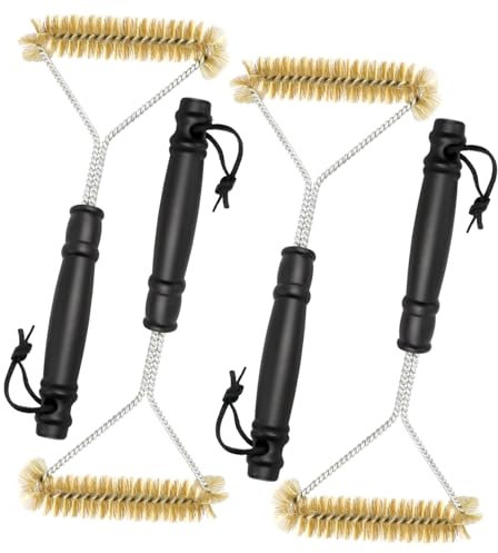 4 Pezzi Spazzola Barbecue, Spazzola Pulizia Barbecue con Isolamento Termico Manico, Spazzola Triangolare Barbecue in Ottone da Pulizia a 360°, per Pulire Griglie, Forno da Esterno, Teglie da Forno