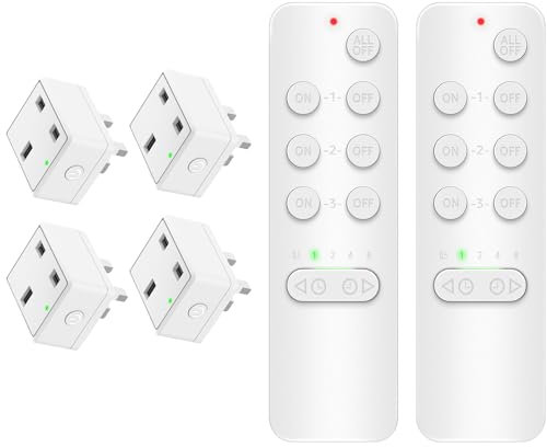 NineLeaf Remote Control Plug Socket UK, Timer Plug with Wireless Remotes, Electric shock-proof safety outlet, 15A,4000V Anti-Surge, 152M/500FT, Programmable, V0 Fireproof, LED, 2 Socket and 4 Remote