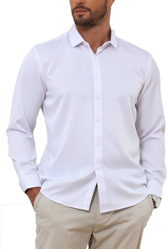 Halfword Chemise pour Homme Manches Longues Business sans Repassage Uni Formelle Habillée Fête de Mariage Regular Fit Blanc XXXL