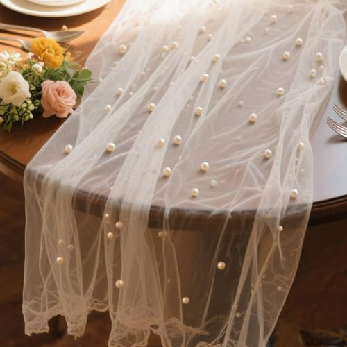 Cheynn Tischläufer Tüll Perlen, 300x80cm Weiß Tischdecke Tüll Mode Tischläufer Spitze mit Perlen Weich Netz Tüllstoff Tischdekoration für Küche Tisch Dekoration Hochzeit Geburtstag Party Deko
