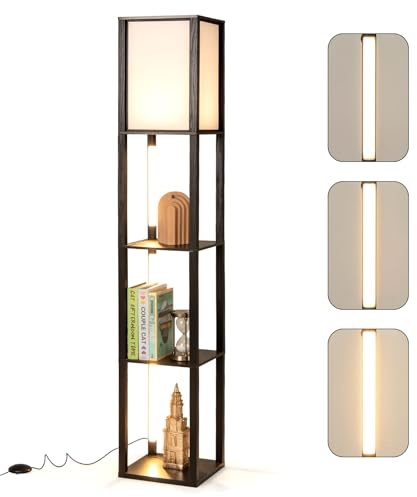 COSTWAY 3-stufige Stehlampe mit Regalen, Holz Regallampe mit dimmbaren LED-Leuchten, Leinenlampenschirm und Fußschalter, moderne Standlampe für Wohnzimmer und Schlafzimmer (rechteckig)