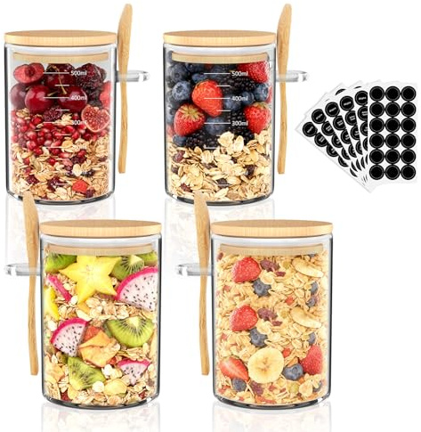 BELICOO 4 Pack Glass Jars with Lids Set, 600ml/21oz Glass Jars Containers | Glass Jars with Bamboo Lids and Spoon, Clear Food Storage Jars Containers for Sugar, Oats, Tea, Coffee bean, Spice, Pasta