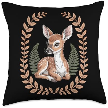 Cottagecore Baby Deer Fawn with Ferns and Laurel Wreath Throw Pillow