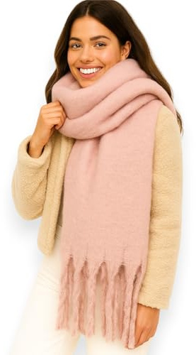 Ziona Damen Schal Winter XXL – kuschelig weich, breit & warm – mit Fransen, einfarbig, Herbst Accessoire aus 100% Viskose, 175 x 50 cm (Rosa)