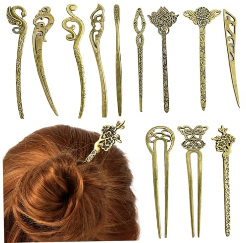 12 pezzi/set bastoncini per capelli cinesi, 12 stili bastoncini per capelli decorativi in ​​bronzo vintage per donne Forcine classiche e vintage per matrimoni, feste, festival, cerimonie, decorazioni