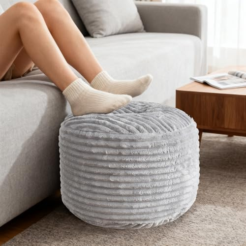 Round Modern Foam Filled Stuffed Pouf Ottoman, Lightweight and Fluffy Pouf Storage Ottoman for Living Room,Floor Poufs for Couch (Dark Grey, 20 * 17IN)
