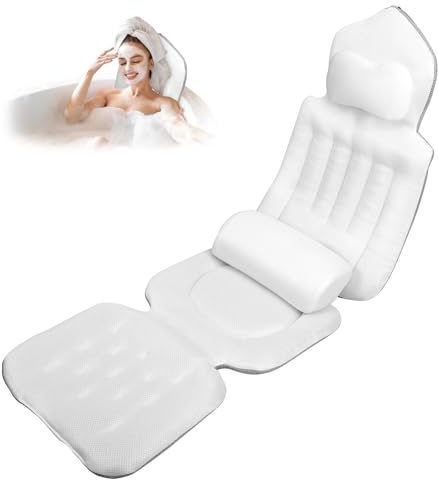 Coussin de bain 4D avec coussin lombaire extra 144 ventouses (12 fois plus de maintien) avec appui-tête et coussin supplémentaire amovible et sac de toilette Blanc 133 x 41 cm