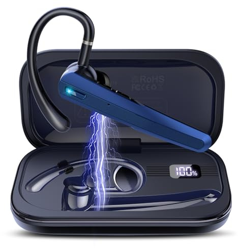 Atheewon V5.3 Bluetooth Headset, Headset Kabellos Freisprech mit ENC Dual Geräuschunterdrückung Mic, 120 Std Spielzeit In-Ear mit LED-Ladebox, Bluetooth Ohrhörer für Handy/Trucker Fahrer, Marineblau
