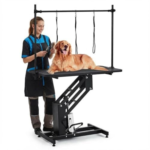 Hydraulischer Hundepflegetisch (110 cm), professioneller hydraulischer Pflegetisch für große und kleine Hunde, Tragkraft bis 159 kg, höhenverstellbar von 56 cm bis 99 cm