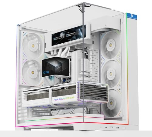 TR A70 Vision Blanc Boîtier ATX Gaming, Panneau vitré panoramique sans Montants sur Trois côtés, 8 emplacements Ventilateurs, boîtier Tour équipé d'un Port USB-C et d'un écran LCD 9,16 Pouces.