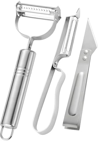 3 Pezzi Pelapatate professionale per Asparagi, Frutta, Pela Patate e Verdure Pelaverdure largo acciaio inox, manico in lega di zinco, pela verdure