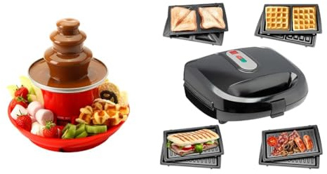 Bundle of Global Gourmet Chocolate Fountain 3 Tier Fondue with Party Serving Tray + Multi Functional 3 in 1 Waffle Iron, Deep Fill Sandwich Toaster, Panini Press or Grill Snack Maker Non Stick