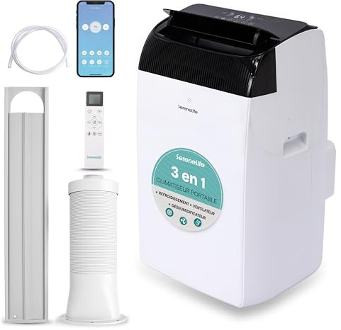 SereneLife Climatiseur Mobile 12000 BTU (3,52 kW), Wi-Fi, 3 En 1 Refroidissement, Déshumidification et Ventilation, Silencieux, Roulettes, Minuterie, Jusqu’à 40 m²