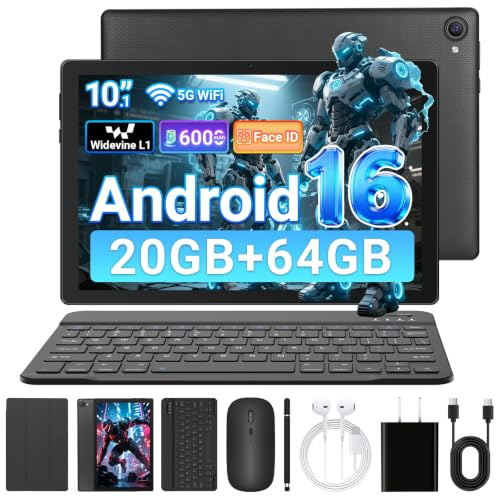 Gleeso Tablet Android 16 da 10 Pollici, Tablet con Tastiera 20GB+TF 1TB, Android Tablet PC con Mouse, Penna Stylus, 6000mAh, Fotocamera da 8MP, WiFi 5G, Laptop Portatile per Studenti e Aziende