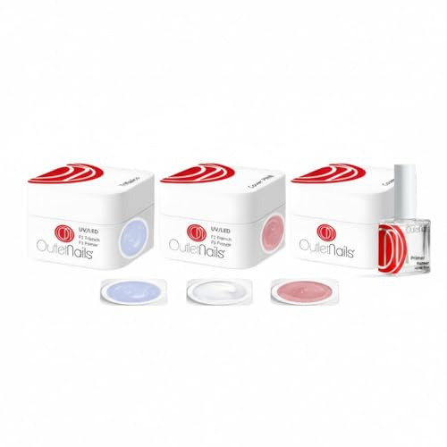 Kit de UV Gel 3 Geles de 15ml + Primer 15ml para uñas de gel / 1 x UV/LED Monophase + 1 x UV/LED Gel French Blanco + 1 Gel UV/LED Cover Natural + 1 Primer 15ml