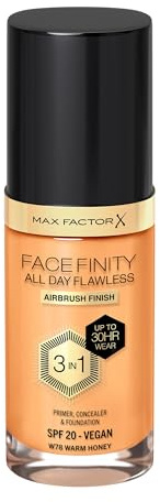Max Factor Facefinity 3-in-1 All Day Flawless Liquid Foundation, SPF 20 - 78 Warm Honey, 30 ml