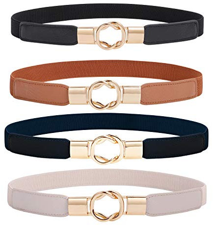 WERFORU 4 Stücke Dünne Gürtel Damen Elastische Taillengürtel Dehnbarer Kleid Gürtel mit Goldene Schnalle Schwarz/Braun/Blau/Beige