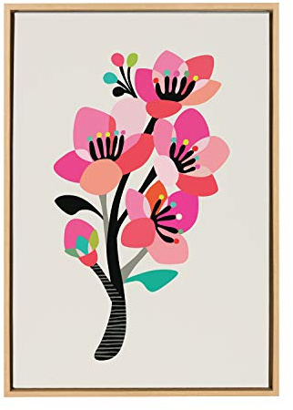Kate and Laurel Sylvie Mid Century Modern Cherry Blossoms Framed Canvas Wall Art by Rachel Lee of My Dream Wall, 23x33 Natural, Colorful Floral Art for Wall