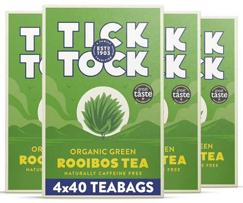 Tick Tock Organic Green Tea Bags Rooibos, Naturally Decaf Green Tea Bags, Caffeine-Free, Pack of 4x 40 (160 Teabags) Biodegradable, Redbush
