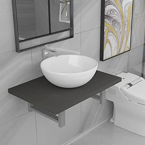 CHAHO BadMöbel-Set,Keramik Rund Weiß,Keramik-Waschbecken Mit Wandregal,Aufsatzwaschtisch,Spülbecken Becken,2-TLG. BadMöbel-Set Keramik Grau