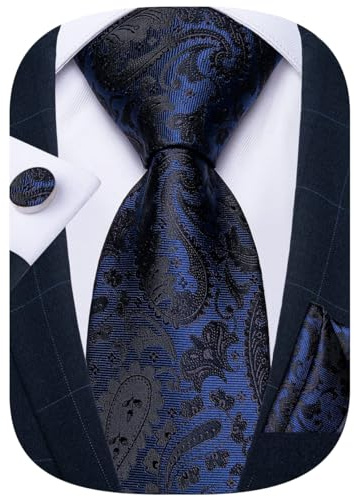 DiBanGu Blue Necktie for Men Silk Blue Black Paisley Tie Set and Handkerchief Cufflinks Formal Business