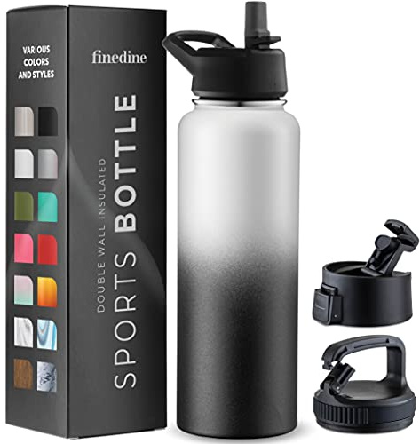 FineDine Water Bottle - Stainless Steel Insulated Water Bottle with Straw Lid, Flip Lid & Wide-Mouth Cap - Keeps Hot and Cold - 40 Oz / 1.18L - Dreamy Black-White