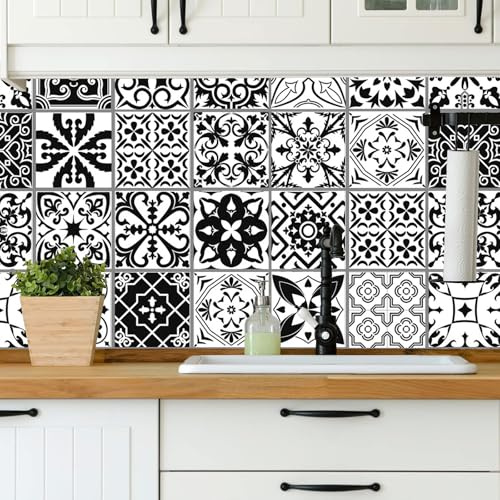 Black and White Tile Stickers 24pcs 15cm self Adhesive wall Tiles | Bathroom Tile Stickers, Kitchen Transfers, Peel And Stick, Waterproof