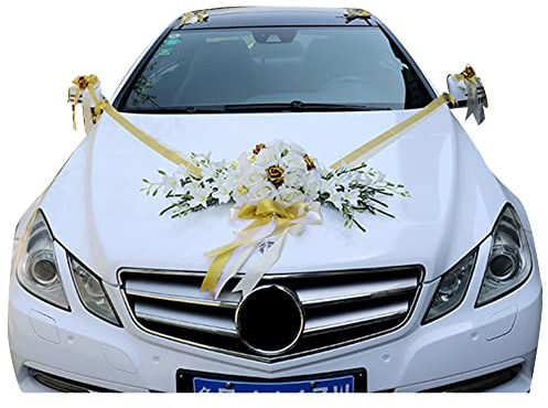 iSpchen Autoschmuck Hochzeit Auto Hochzeitsschmuck Deko Künstliche Rose Blumen Hochzeit Deko Hochzeitsdeko Autoschleifen Hochzeit Motorhaube Schmuck Dekoration,Gold