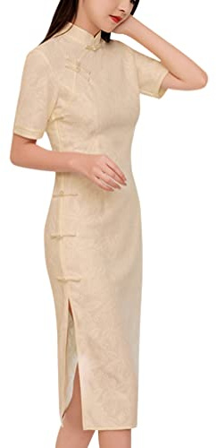 Women's Short Sleeve Midi Cheongsam Elegant Ivory Mandarin Collar Embroidery Side Slit Chinese Qipao Bodycon Dress (as1, Alpha, m, Regular, Regular, Beige Yellow, M)