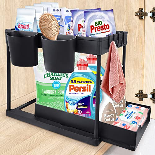 NINGESHOP 2 Ebenen Spülschrankregal,Unter Spüle Regal, Unter dem Waschbecken, Küchen Unterschrankregal,Badregal, Unterschrank Organizer mit 4 Haken und 2 Tasse,Etagenregal für Spüle,Küche,Bad