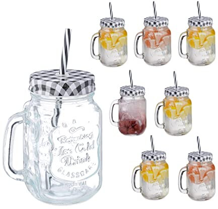 Relaxdays Trinkgläser mit Deckel und Strohhalm, 8er Set Limonadengläser, 500 ml, Retro Sommergläser mit Henkel, schwarz, 19 x 11 x 8 cm