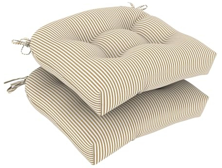 DYTXIII Set of 2 Outdoor Chair Cushions 19x19x4, Water Repellent Tufted Patio Seat Cushions with Ties, Thick Replacement Pads for Wicker Dining Chairs, Patio Furniture, Stripe Beige