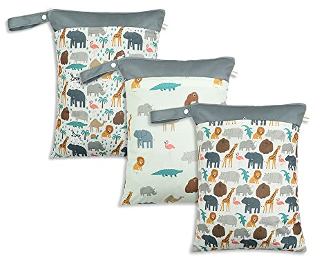 Treer 3 Stück Groß Windeltasche für Unterweg, Stoffwindeln Nasstaschen Baby Wetbag Wasserdicht Waschbar Wiederverwendbar Kleinkind Windeln Organizer Beutel mit Reißverschluss (30x40cm,Tierischer Wald)