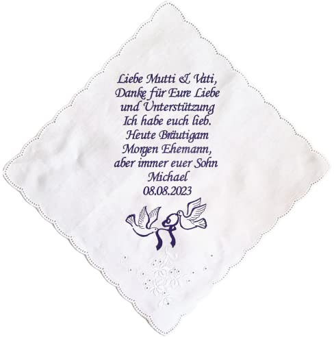 Bentini Damentaschentuch für Freudentränen | Gr. 26 x 26 cm | Personalisiert bestickt mit eigenem Text & Täubchen Design | Hochzeit | Stofftaschentuch