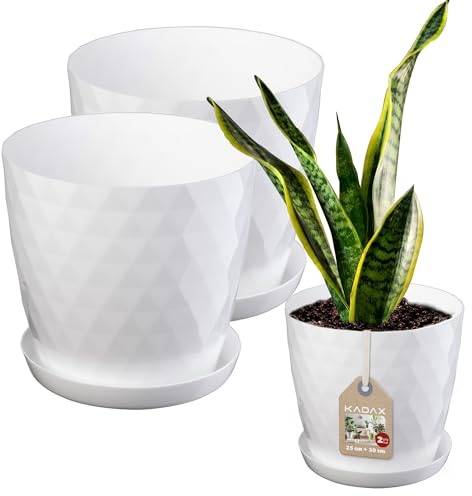 KADAX Pot de Fleurs en Plastique avec Soucoupe, Pot de Plante pour Une Décoration Florale Moderne dans l'espace Interieur (Lot de 2 : Blanc, 25 et 30 cm)