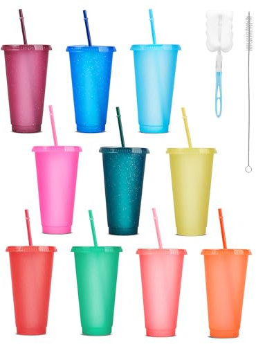 ZITFRI 10 Reusable Cup with Straw and Lid 24OZ Plastic Cups Colorful Glitter Tumblers for Cold Drinks Iced Coffee Set & Brush, Party Tumbler Travel Mug COLORS