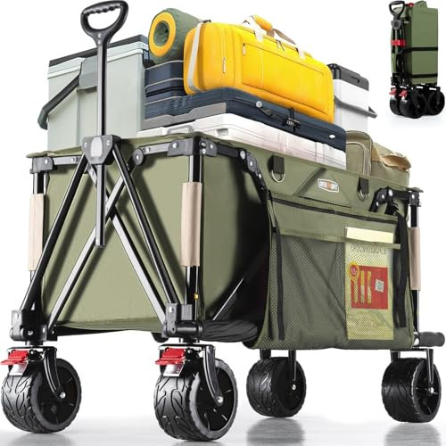 Overmont Carrello da Giardino Pieghevole - Carrelli da Trasporto 150L 150 kg con Maniglia Regolabile Freni Tasche a Rete - Ruote Larghe All-terrain - per Campeggio Shopping Sport Spiaggia