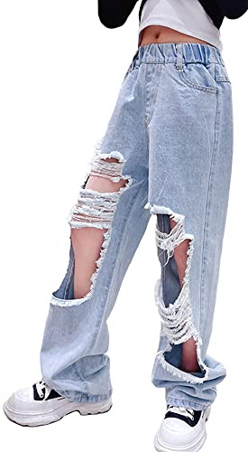 Maeau Jeans Déchiré Fille 13-15 Ans Pantalon Denim Jambe Large Troué Ample Enfant Pantalon Jambes Larges Droit Baggy Taille Élastique Haute Ado Jeans Évasé Bootcut Bleu